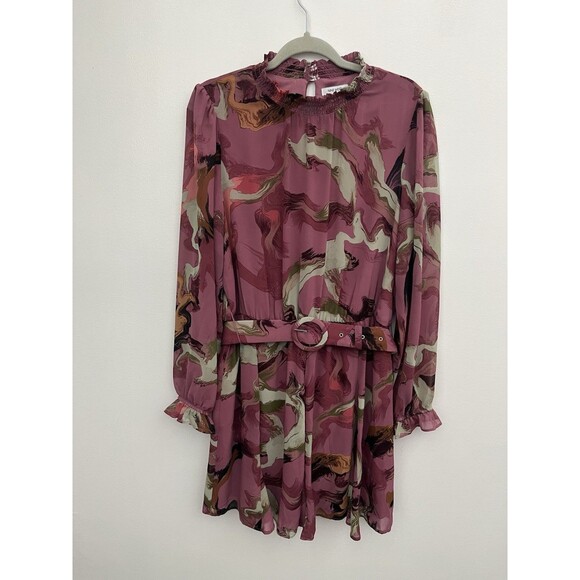 Nine West Women's Long Sleeve Belted Chiffon Mini Dress Large Mock Neck - Picture 3 of 14